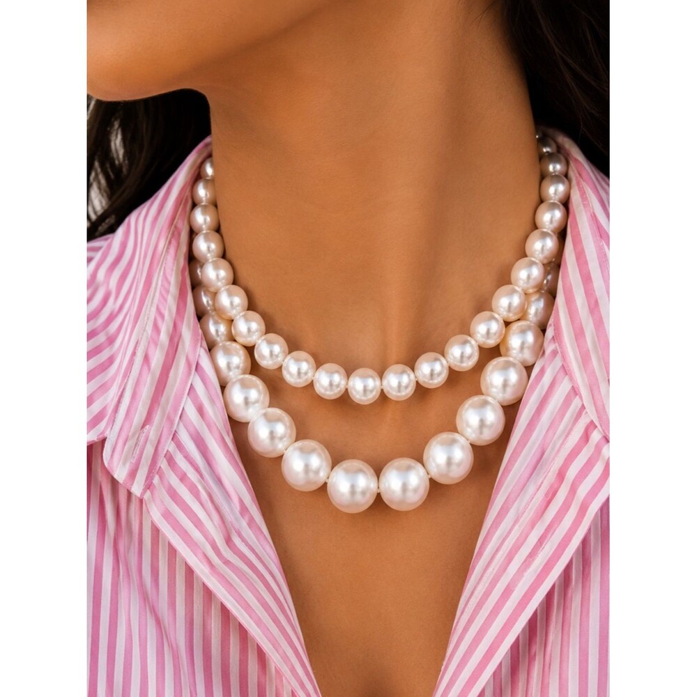 Womens 2 Piece Chunky Pearl Necklace Set Layered White Choker 14-17” Statement